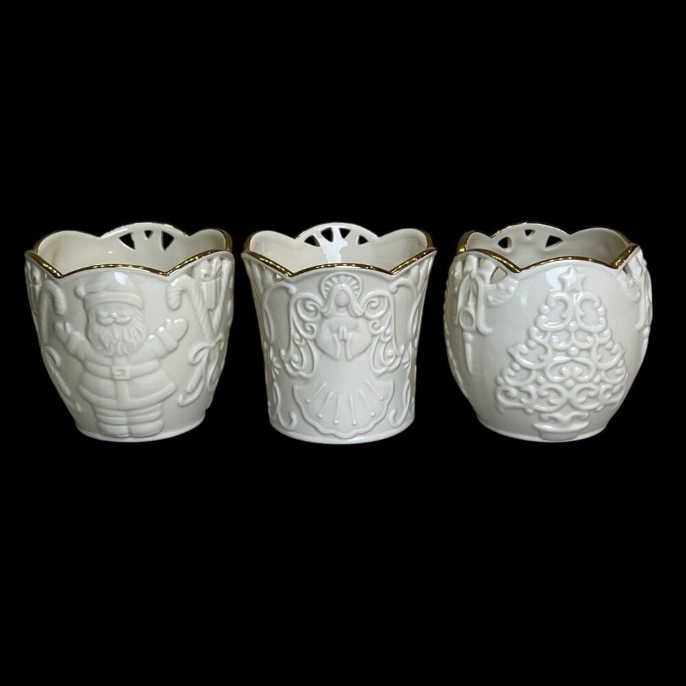 Lenox Votive Candle Holders Set 3 Merry Lights Angel Santa Christmas Tree 3.25x3